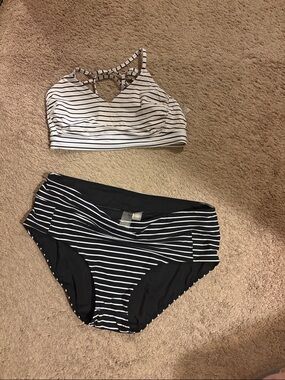 CALIA by Carrie Underwood Black and White Striped Bikini Set